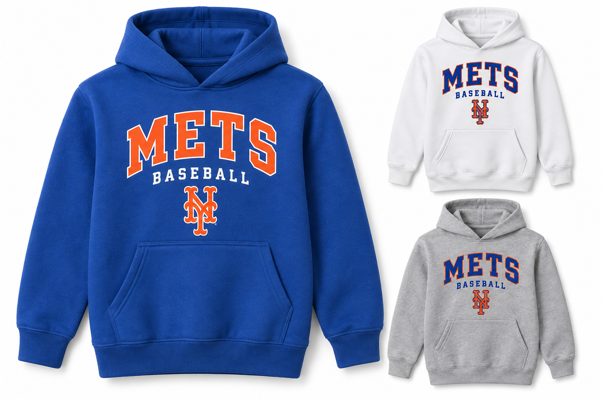 New York Mets Baseball Original Youth Pullover Hoodie — Royal Blue, White, Sport Gray