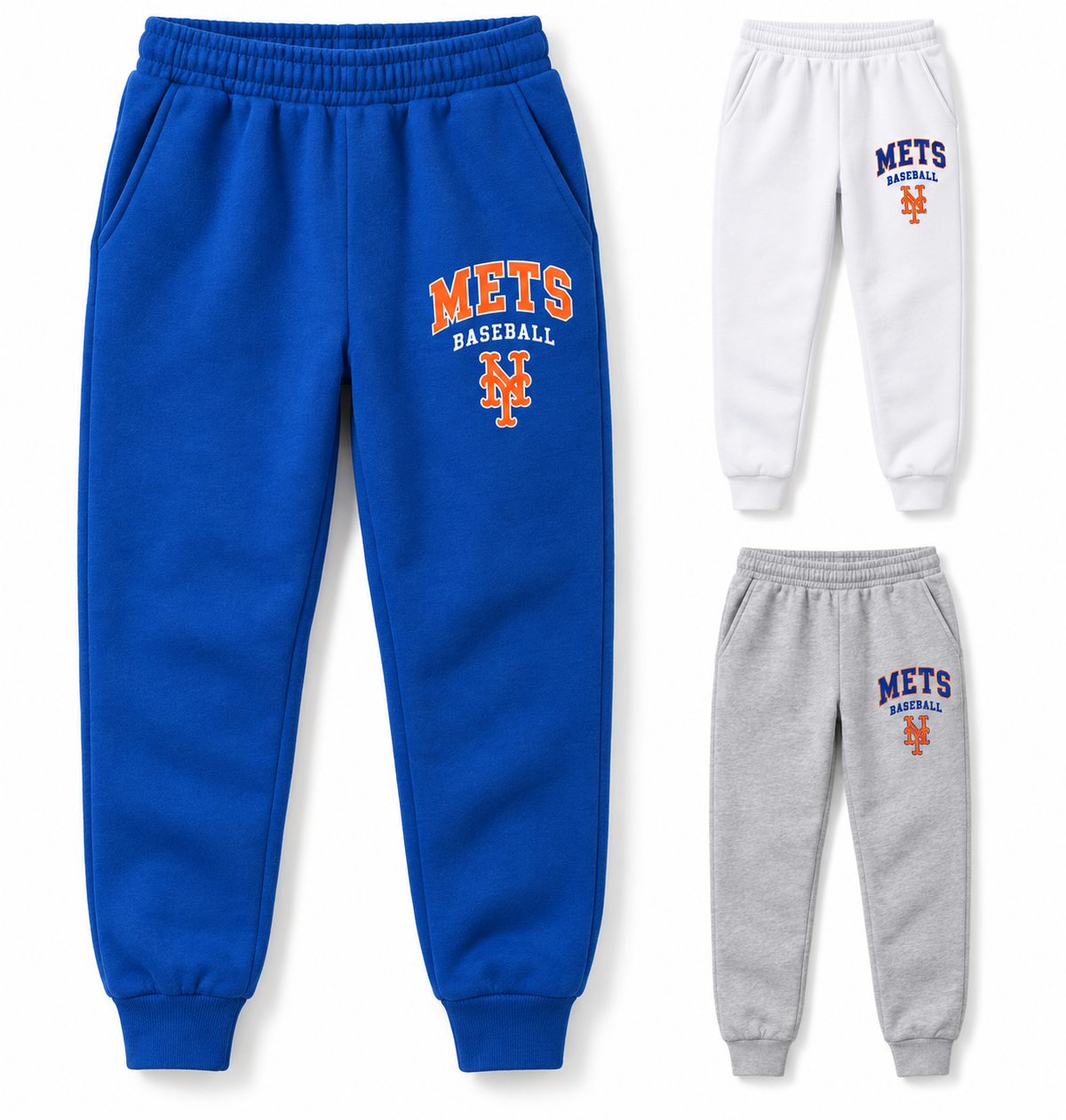New York Mets Baseball Original Youth Fleece Joggers — Royal Blue, White, Sport Gray