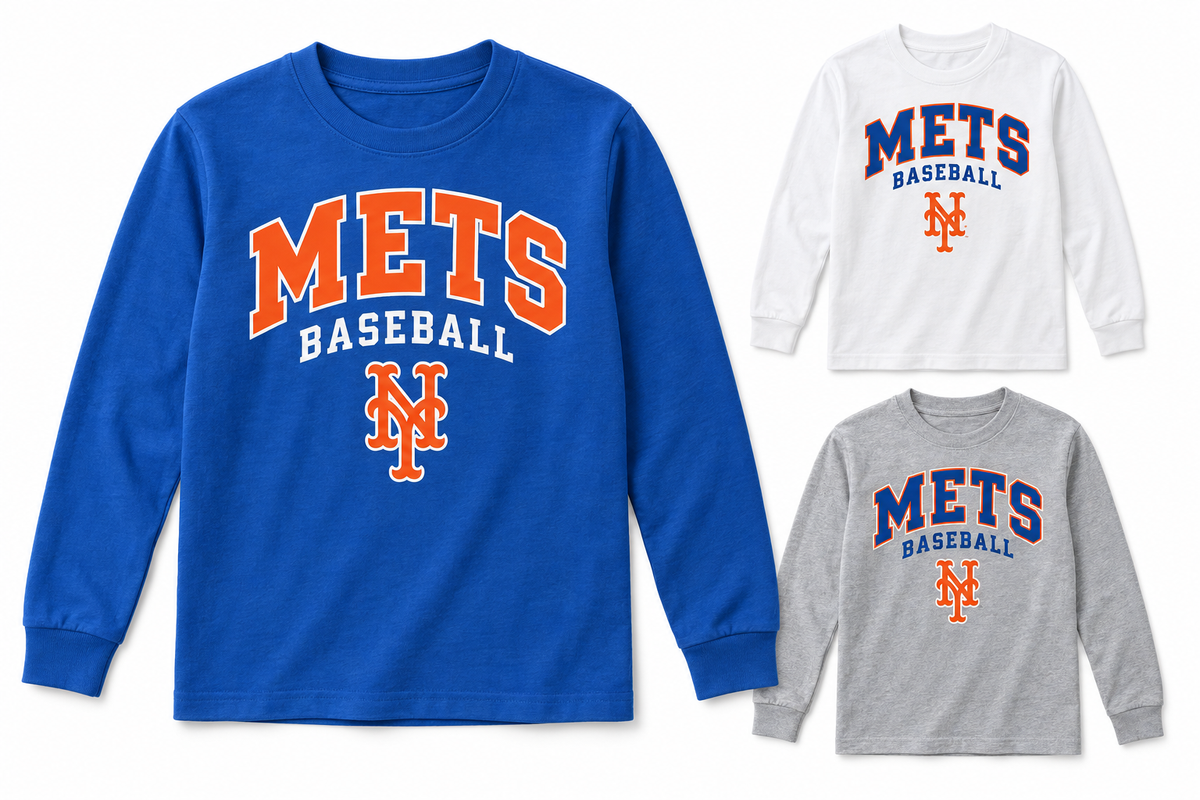 New York Mets Baseball Original Youth Long Sleeve T-Shirt — Royal Blue, White, Sport Gray