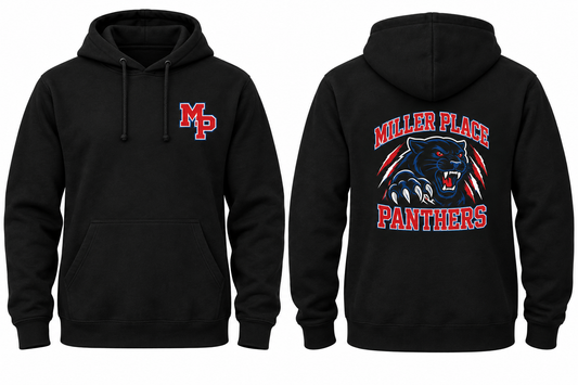 MILLER PLACE PANTHERS black hoodie front and back