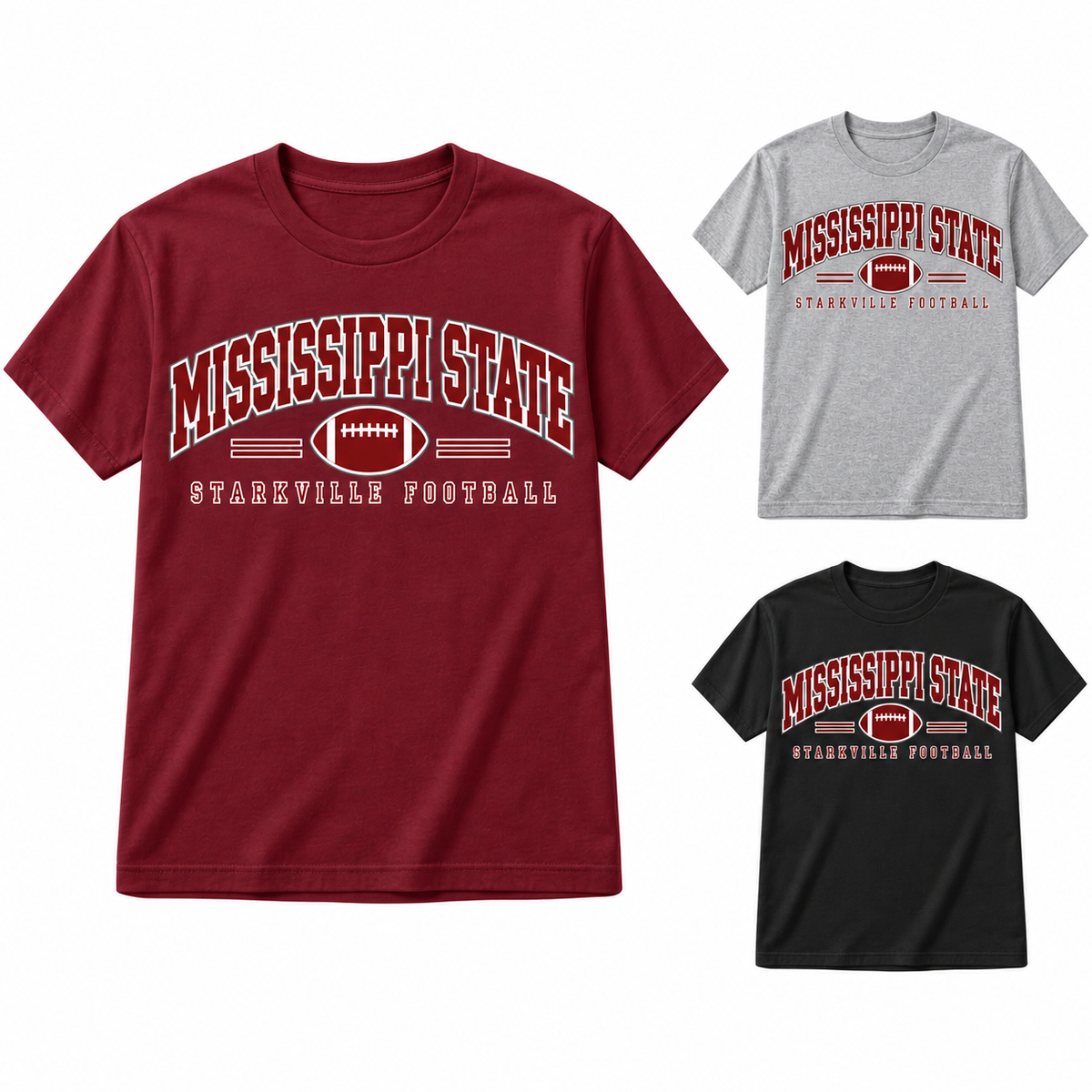 Mississippi State Heritage Arch Football T-Shirt — left hero, stacked color variants