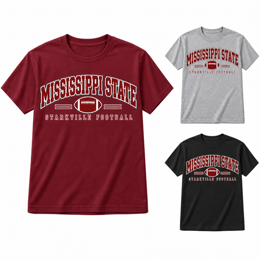 Mississippi State Heritage Arch Football T-Shirt — left hero, stacked color variants