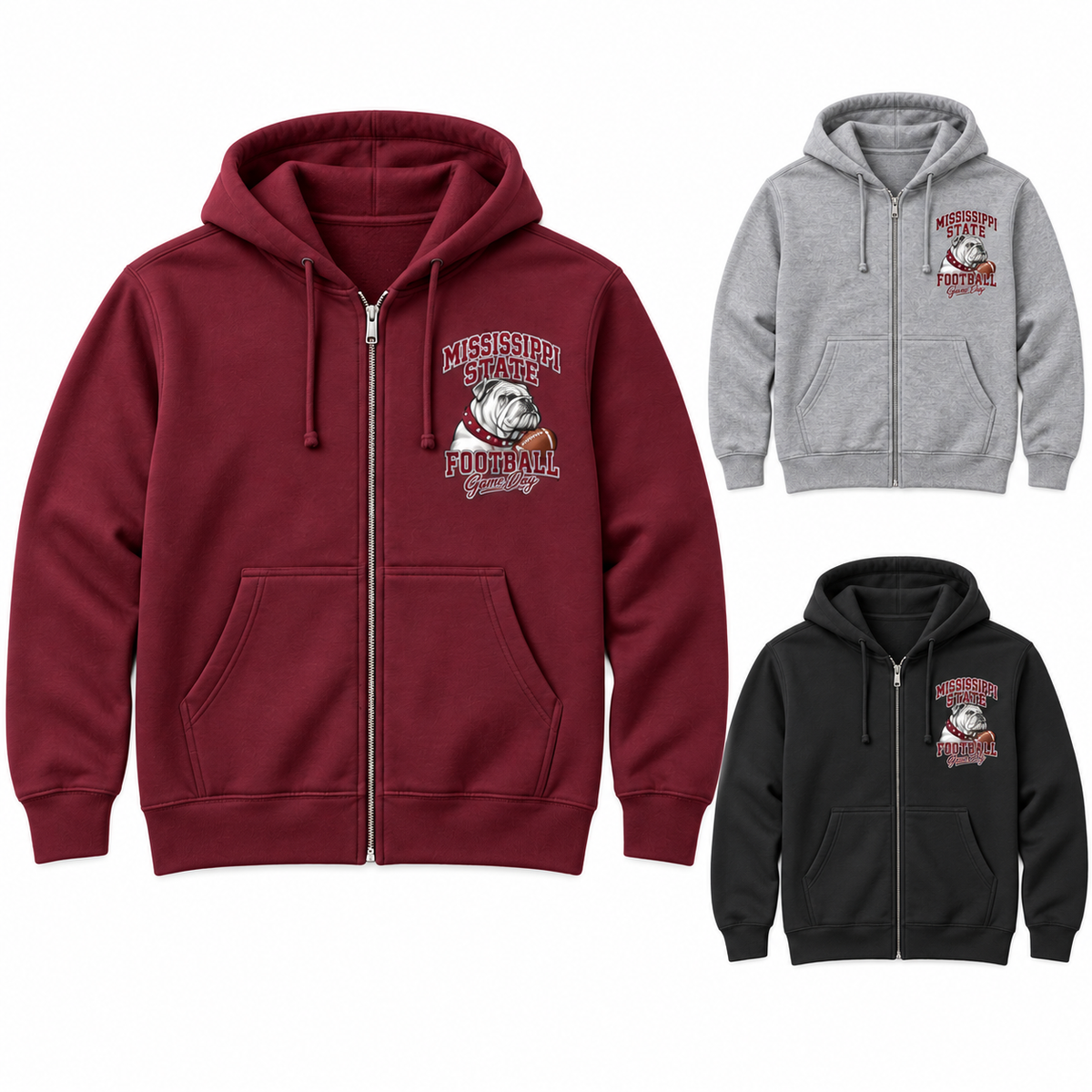 Mississippi State Left-Chest Full-Zip Hoodie — left hero, stacked color variants