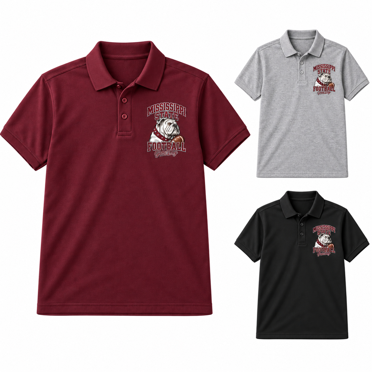 Mississippi State Left-Chest Game Day Polo — left hero, stacked color variants
