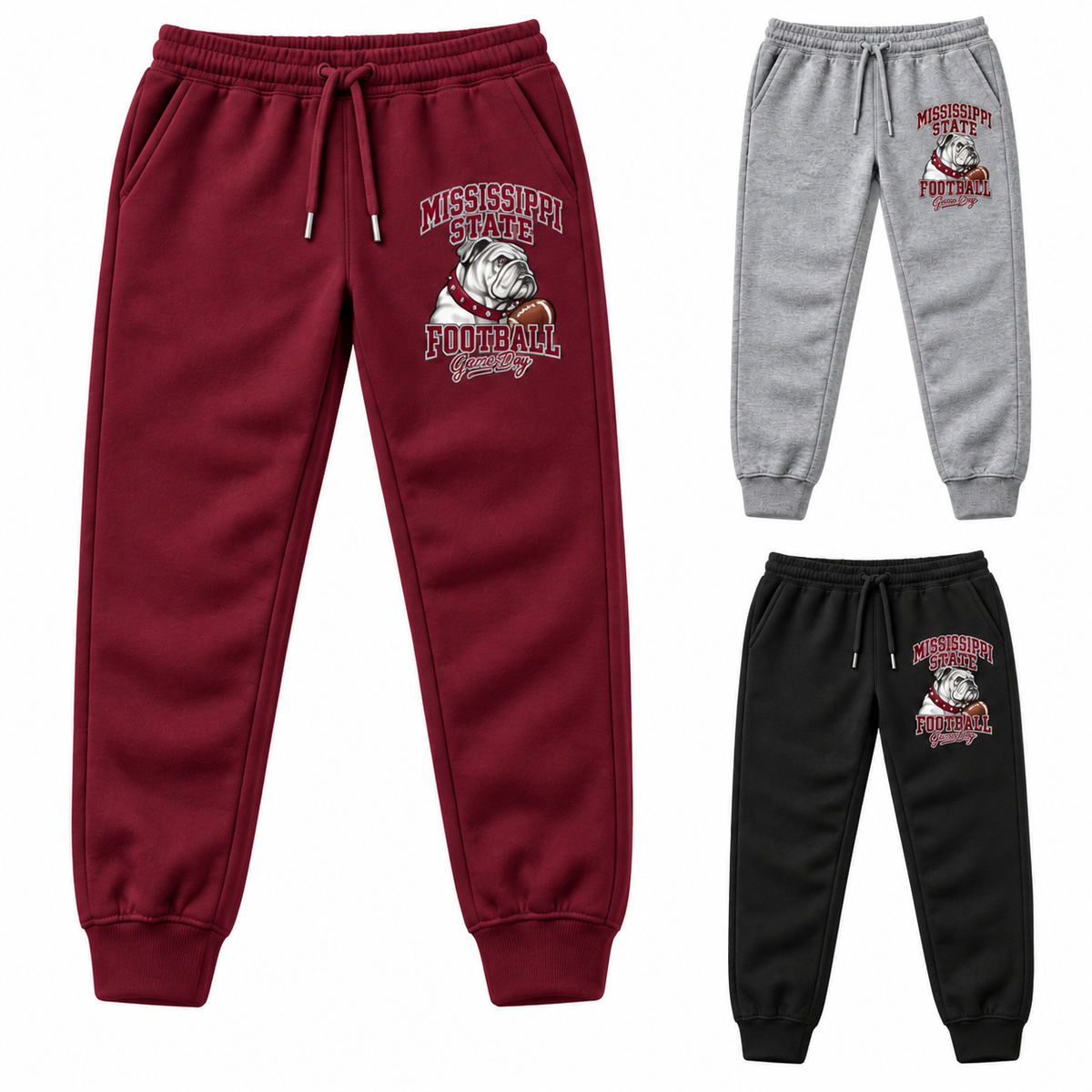 Mississippi State Mascot Fleece Joggers — left hero, stacked color variants