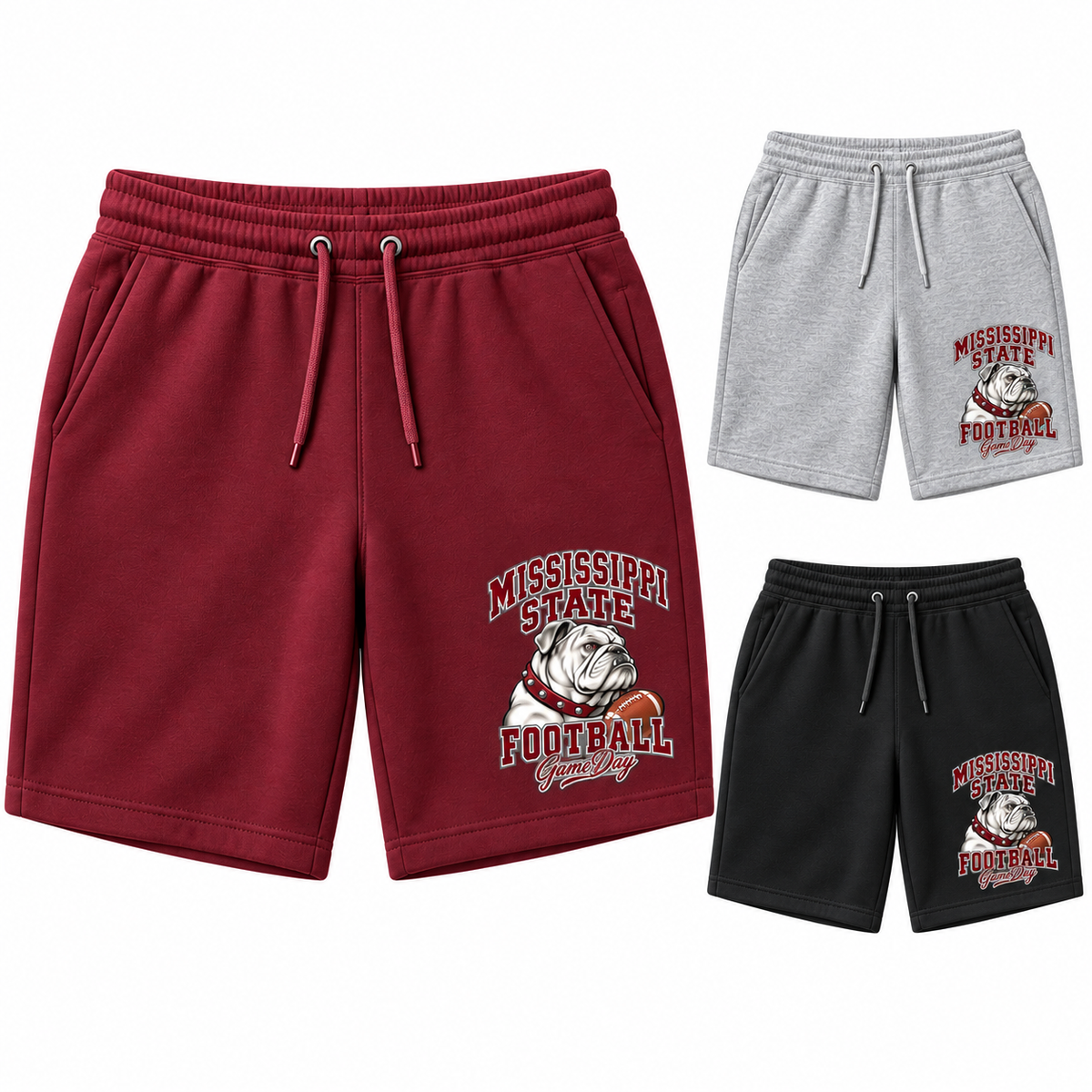 Mississippi State Mascot Fleece Shorts — left hero, stacked color variants