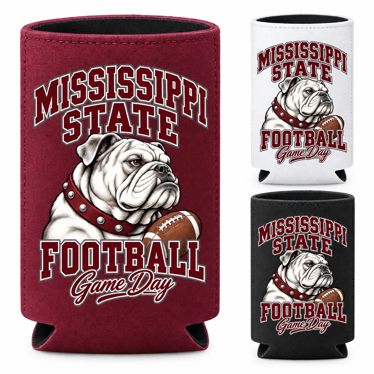 Mississippi State Mascot Game Day Can Cooler — left hero, stacked color variants