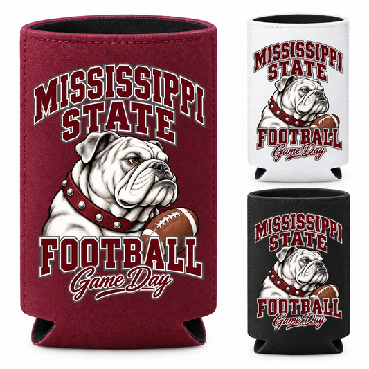 Mississippi State Mascot Game Day Can Cooler — left hero, stacked color variants