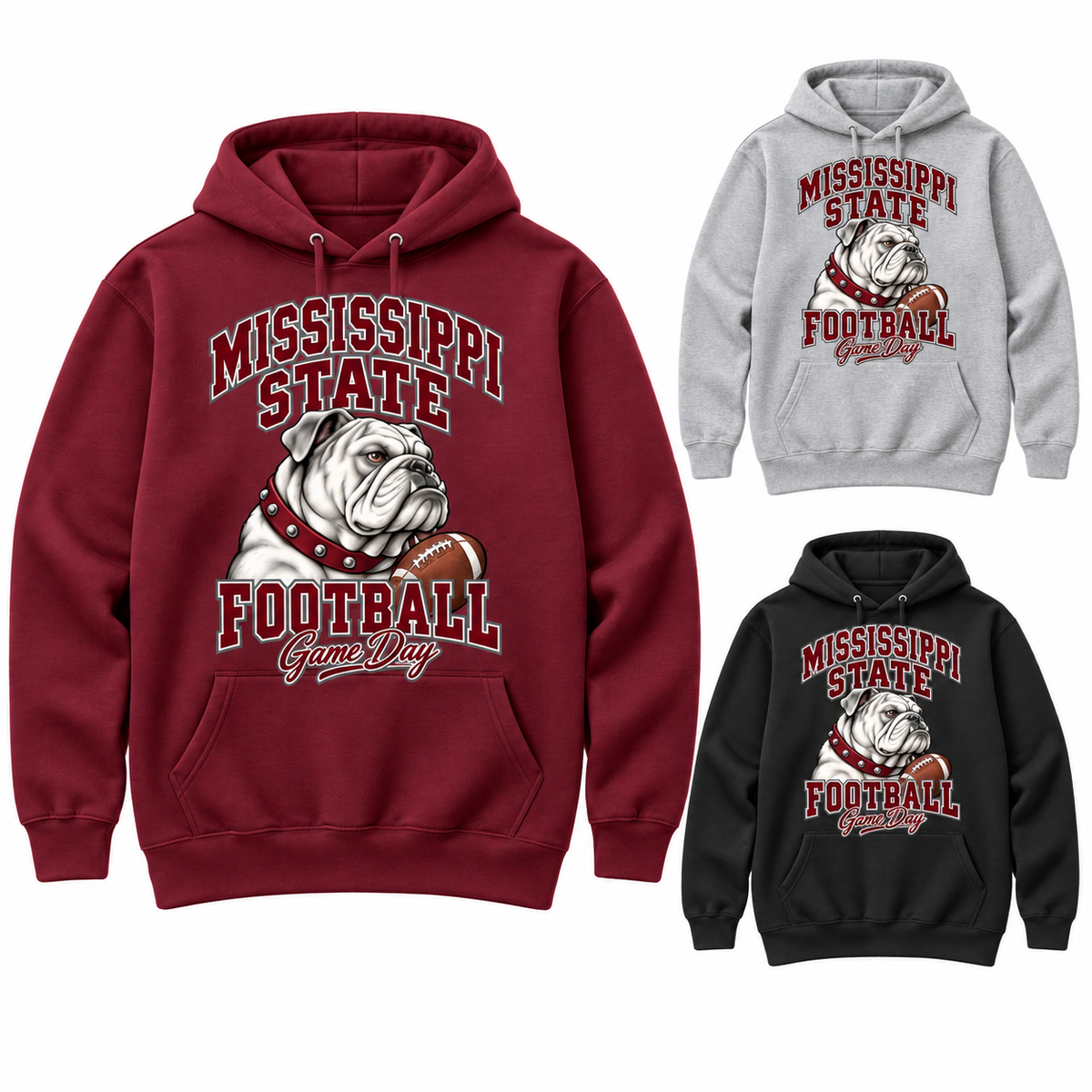 Mississippi State Mascot Game Day Pullover Hoodie — left hero, stacked color variants