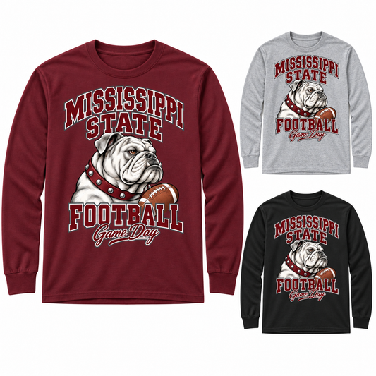 Mississippi State Mascot Long Sleeve T-Shirt — left hero, stacked color variants