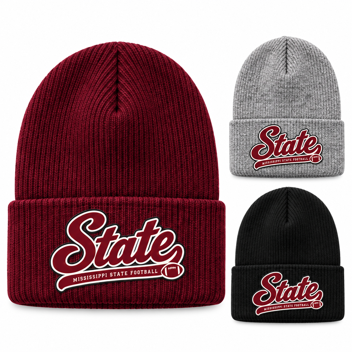 Mississippi State Saturday Script Cuffed Beanie — left hero, stacked color variants