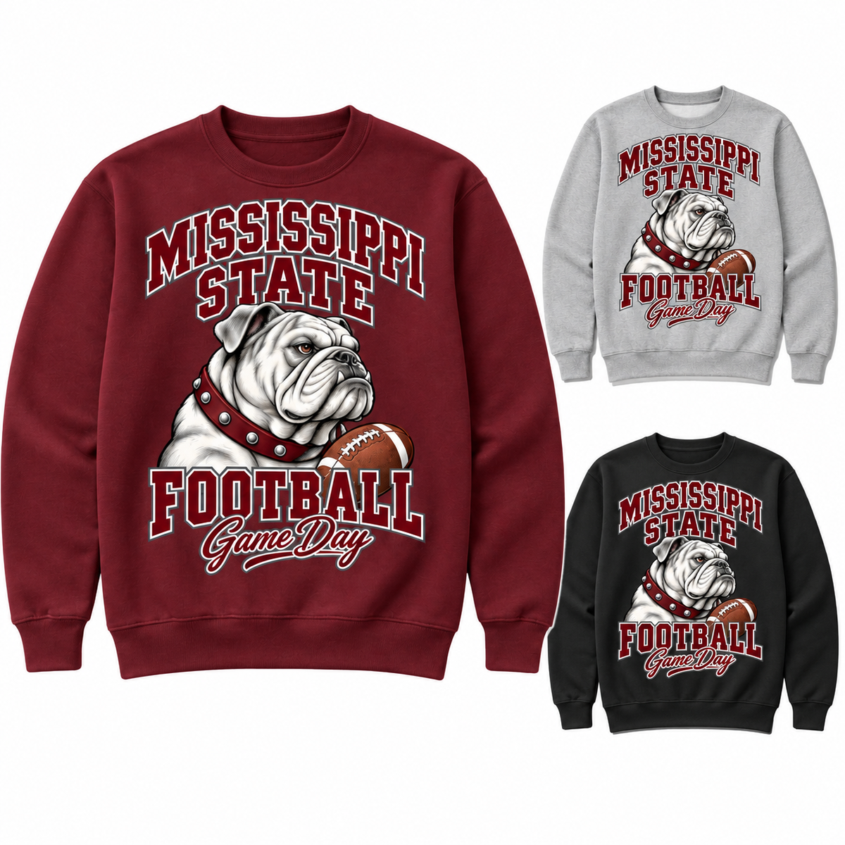 Mississippi State Varsity Mascot Crewneck Sweatshirt — left hero, stacked color variants