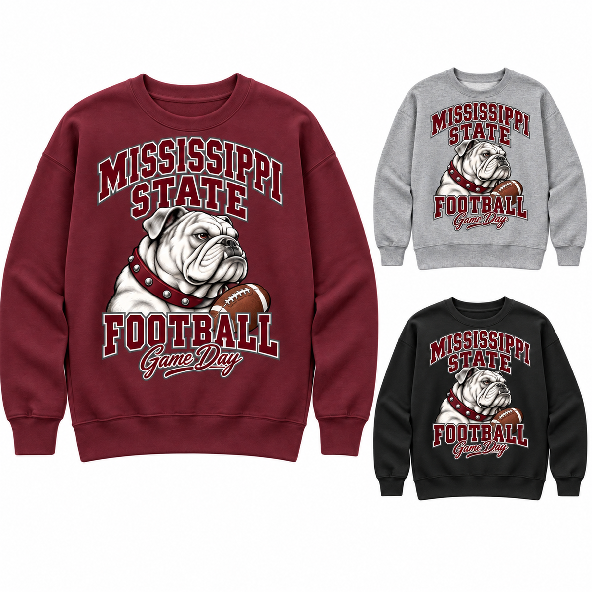 Mississippi State Women's Mascot Crewneck Sweatshirt — left hero, stacked color variants