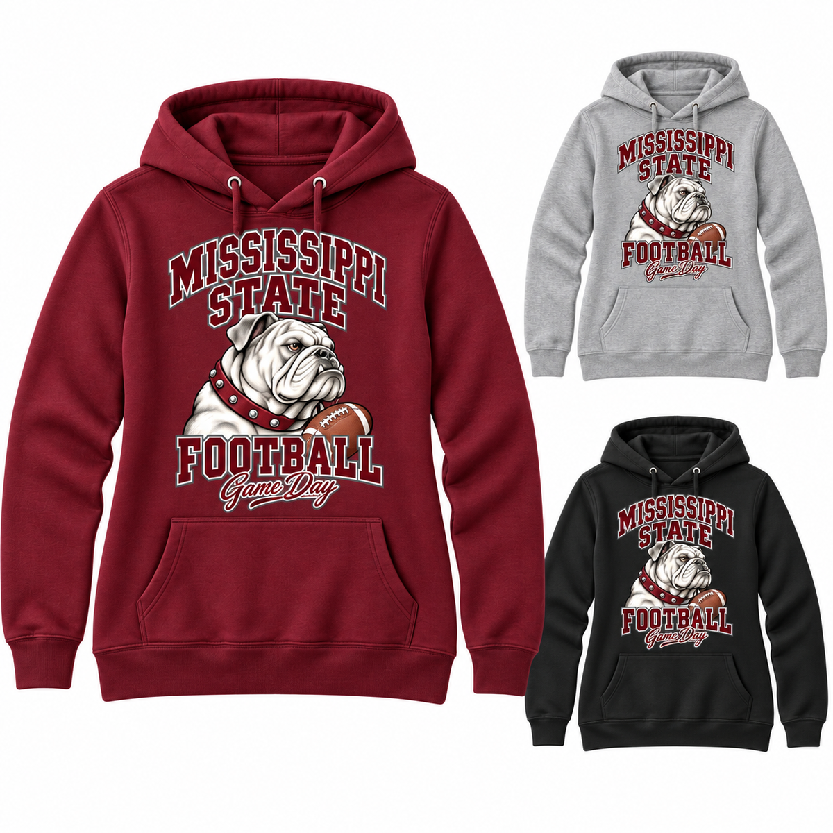 Mississippi State Women's Mascot Pullover Hoodie — left hero, stacked color variants