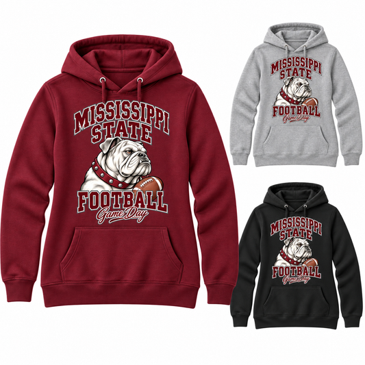 Mississippi State Women's Mascot Pullover Hoodie — left hero, stacked color variants