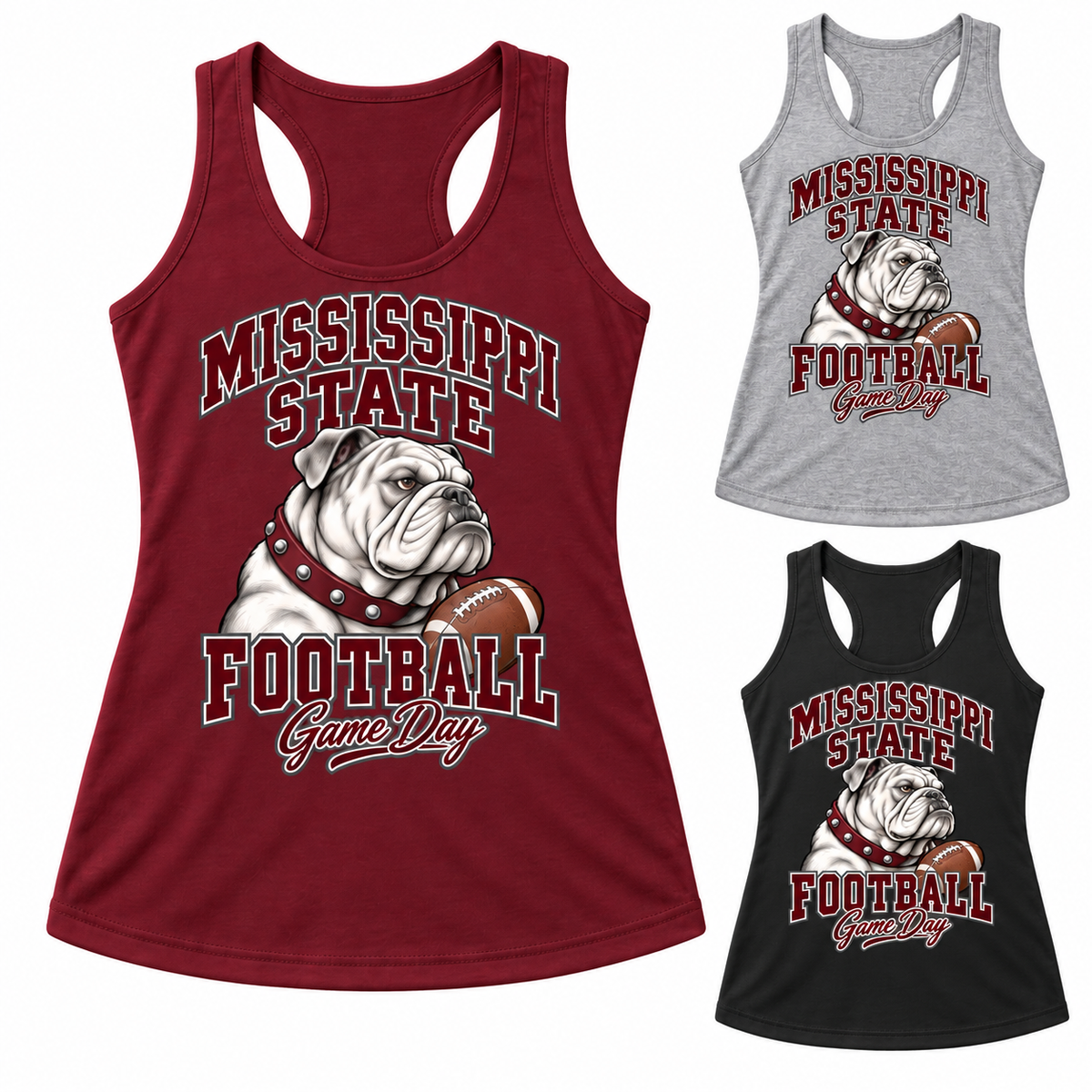 Mississippi State Women's Mascot Racerback Tank — left hero, stacked color variants