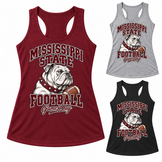 Mississippi State Women's Mascot Racerback Tank — left hero, stacked color variants