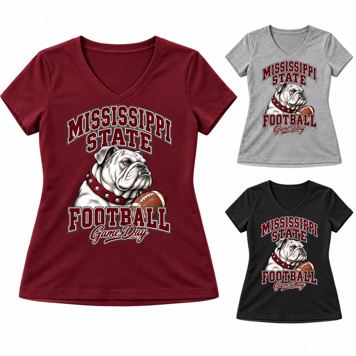 Mississippi State Women's Mascot V-Neck T-Shirt — left hero, stacked color variants