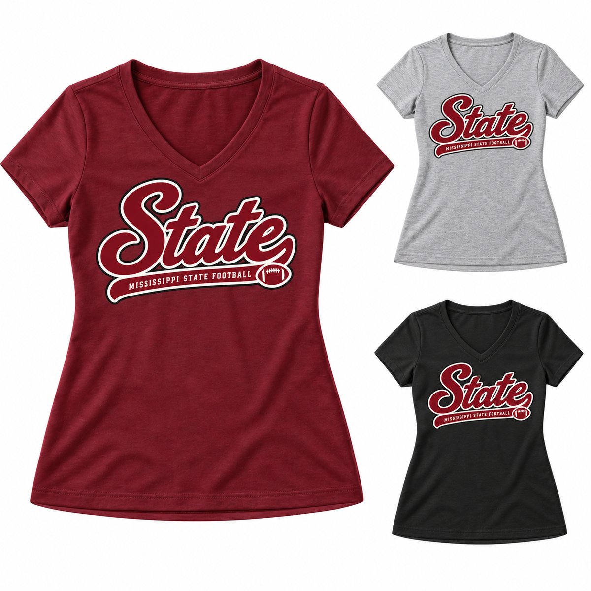 Mississippi State Women's Saturday Script V-Neck T-Shirt — left hero, stacked color variants