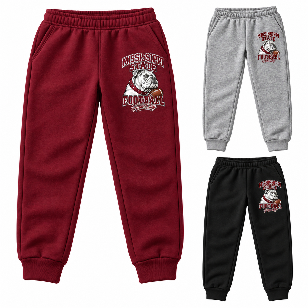 Mississippi State Youth Mascot Fleece Joggers — left hero, stacked color variants