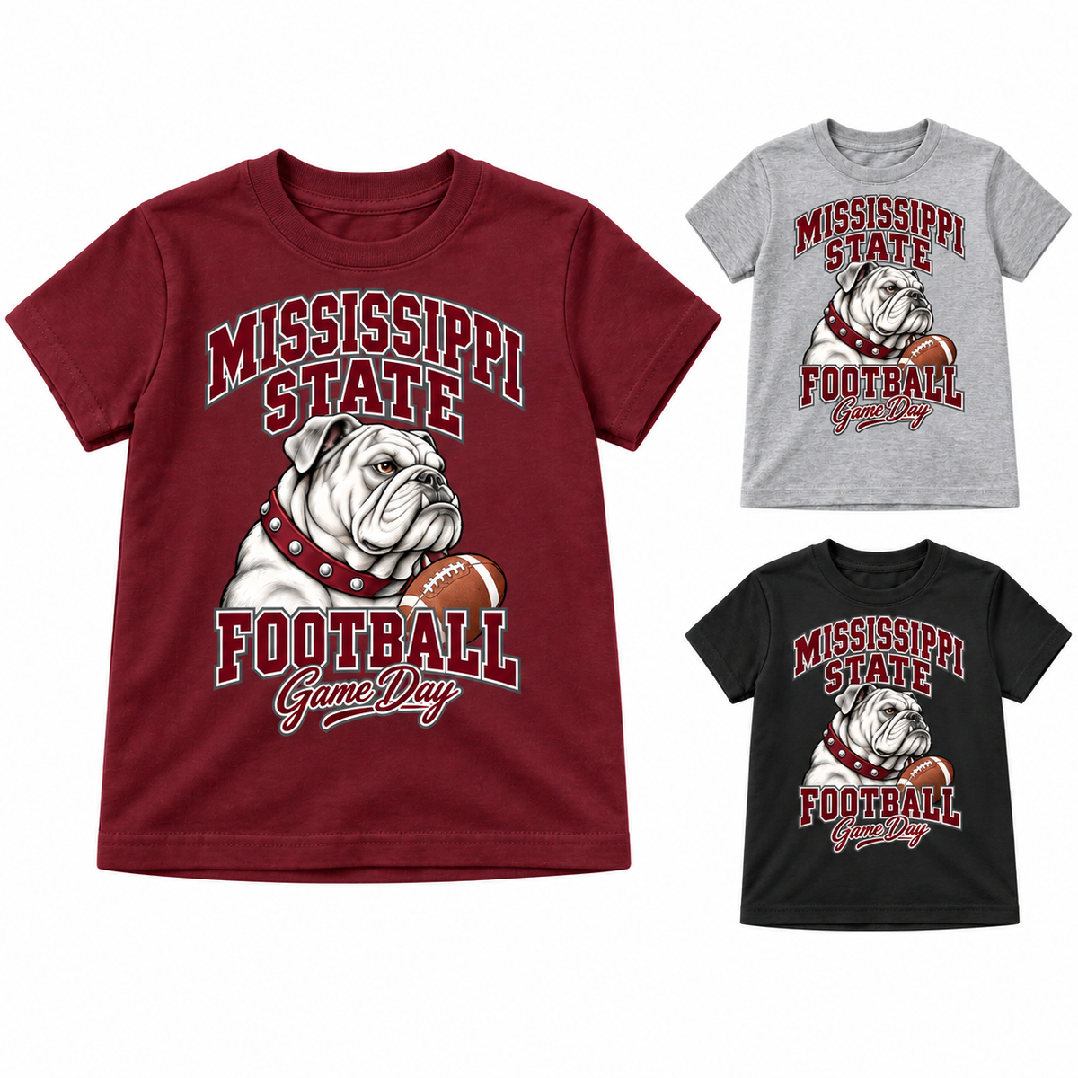 Mississippi State Youth Mascot Game Day T-Shirt — left hero, stacked color variants