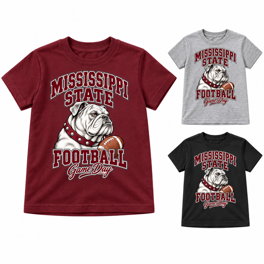 Mississippi State Youth Mascot Game Day T-Shirt — left hero, stacked color variants