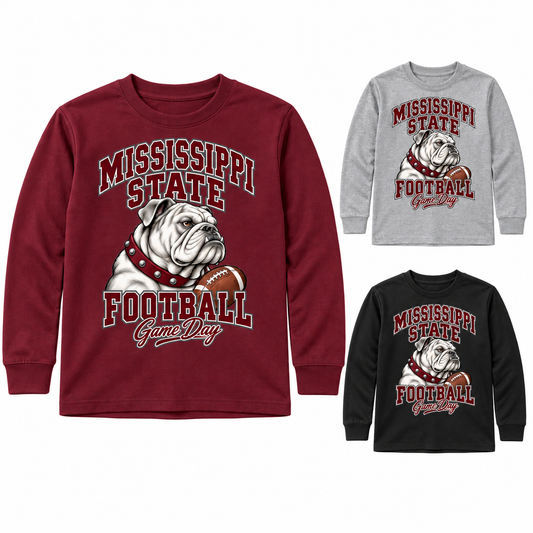 Mississippi State Youth Mascot Long Sleeve T-Shirt — left hero, stacked color variants