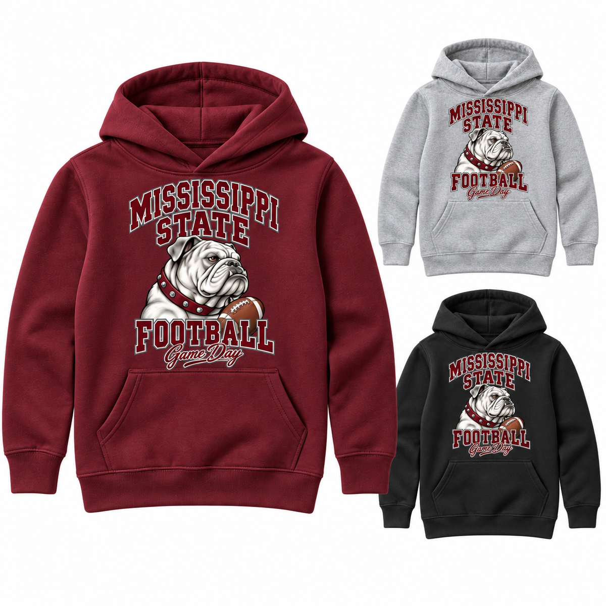 Mississippi State Youth Mascot Pullover Hoodie — left hero, stacked color variants