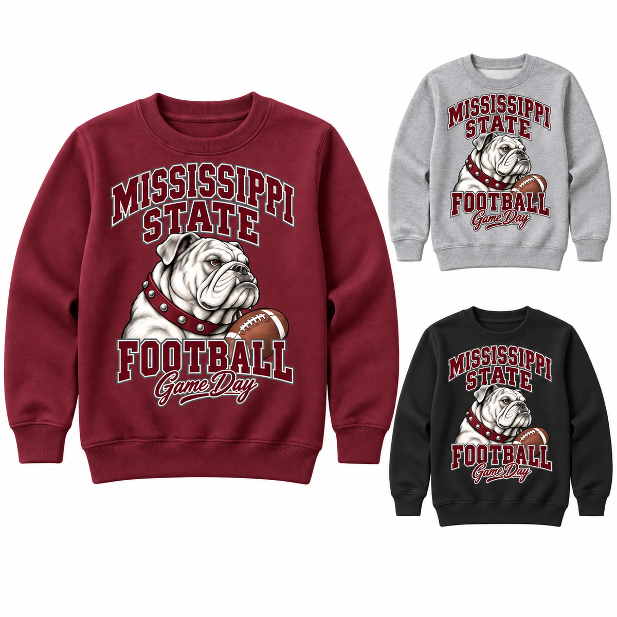 Mississippi State Youth Varsity Mascot Crewneck — left hero, stacked color variants