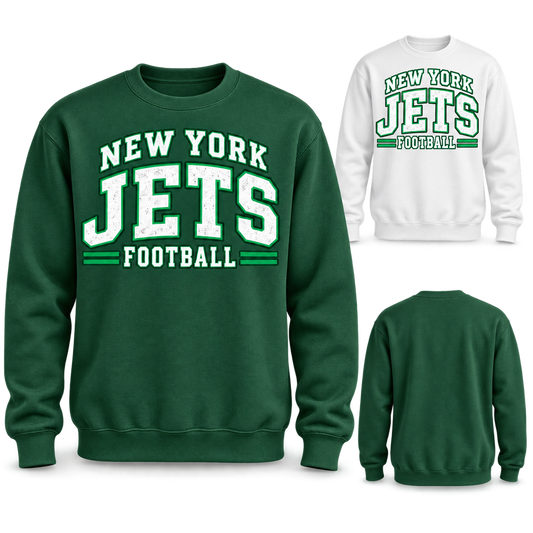 New York Jets 80s Varsity Crewneck Sweatshirt in Forest Green and White, plain back view