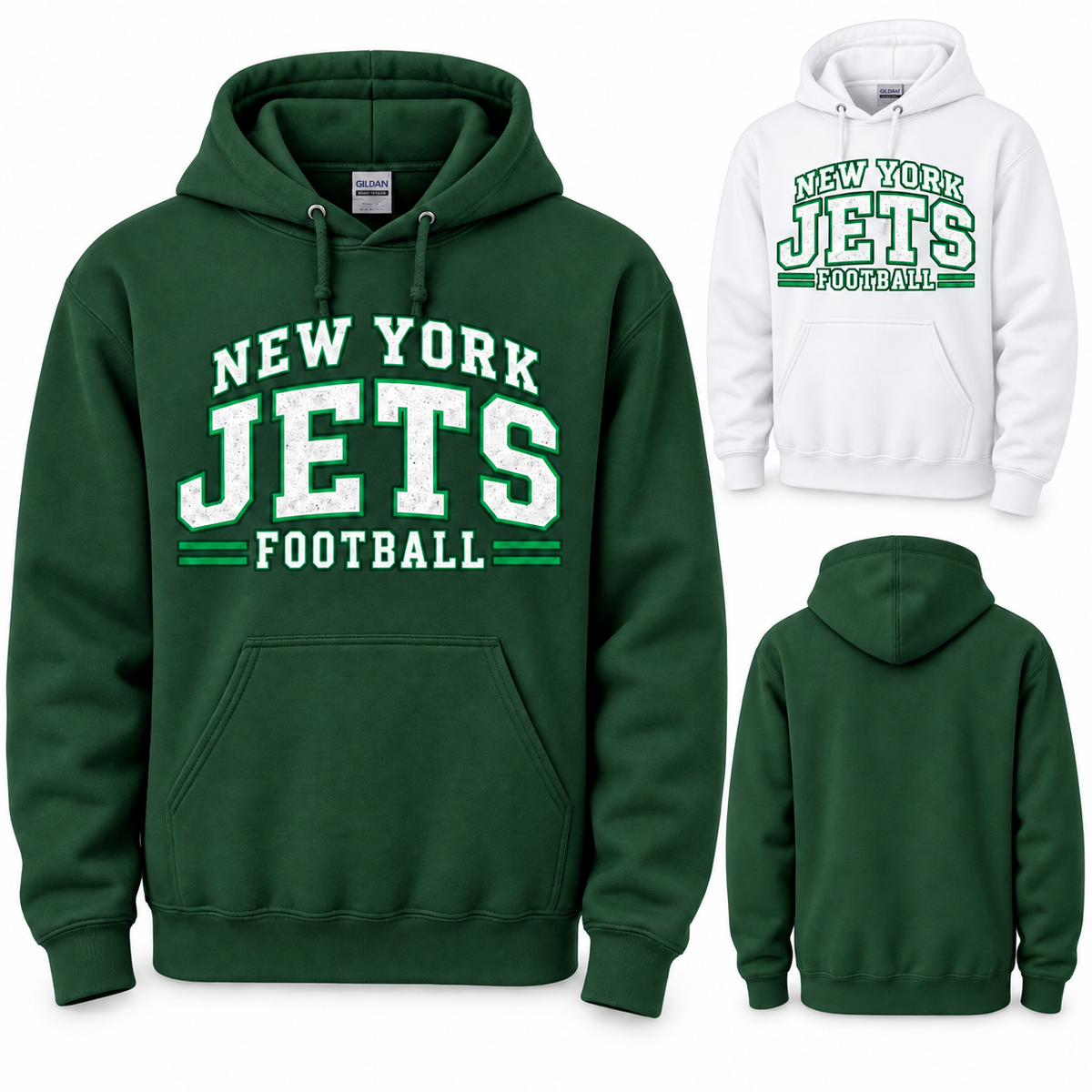 New York Jets 80s Varsity Pullover Hoodie in Forest Green and White, plain back view