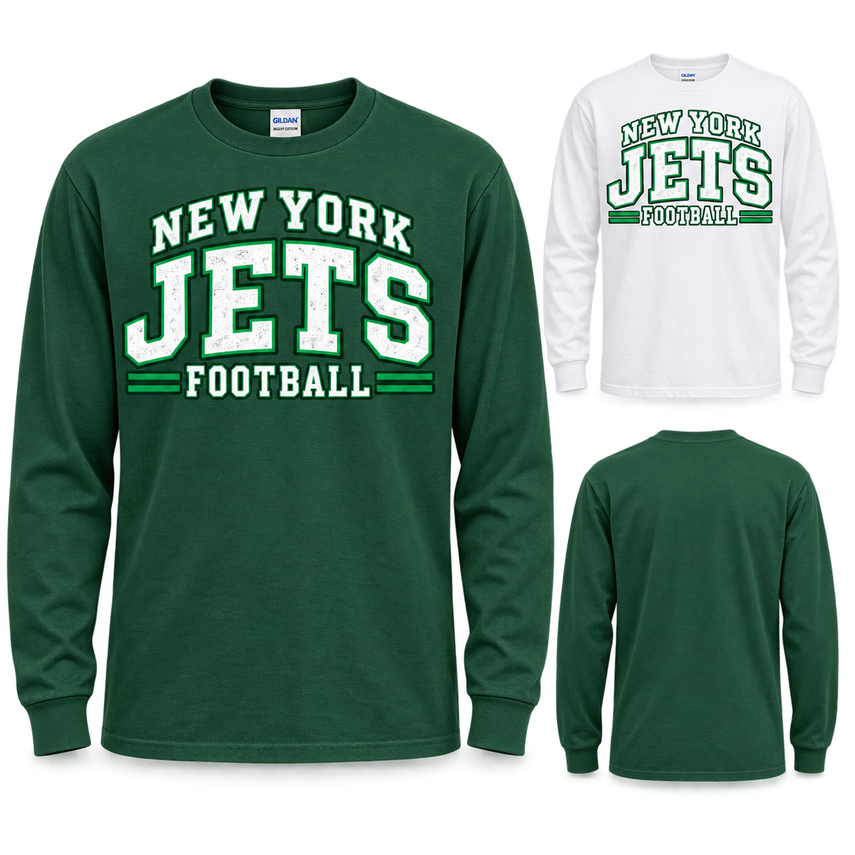 New York Jets 80s Varsity Long Sleeve T-Shirt in Forest Green and White, plain back view
