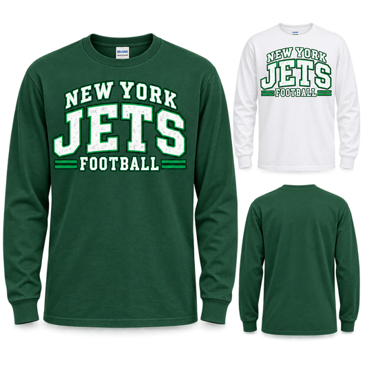 New York Jets 80s Varsity Long Sleeve T-Shirt in Forest Green and White, plain back view