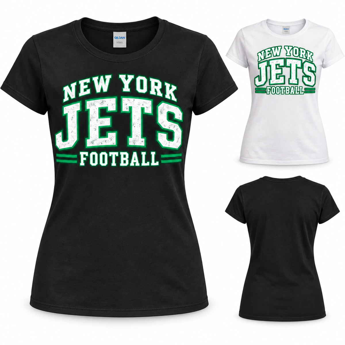 New York Jets 80s Varsity Women's T-Shirt in Black and White, plain back view