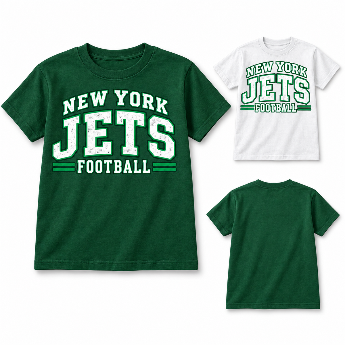 New York Jets 80s Varsity Youth T-Shirt in Forest Green and White, plain back view