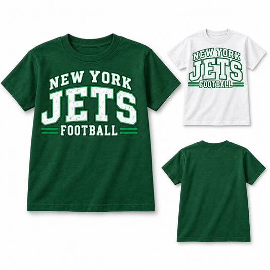 New York Jets 80s Varsity Youth T-Shirt in Forest Green and White, plain back view