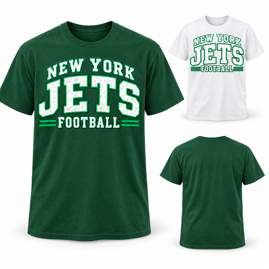 New York Jets 80s Varsity T-Shirt in Forest Green and White with plain back
