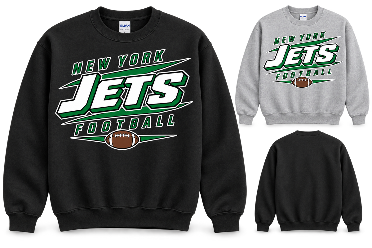 New York Jets 90s Stadium Crewneck Sweatshirt in Black and Sport Grey, plain back view