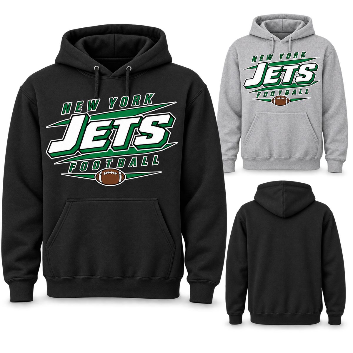 New York Jets 90s Stadium Pullover Hoodie in Black and Sport Grey, plain back view