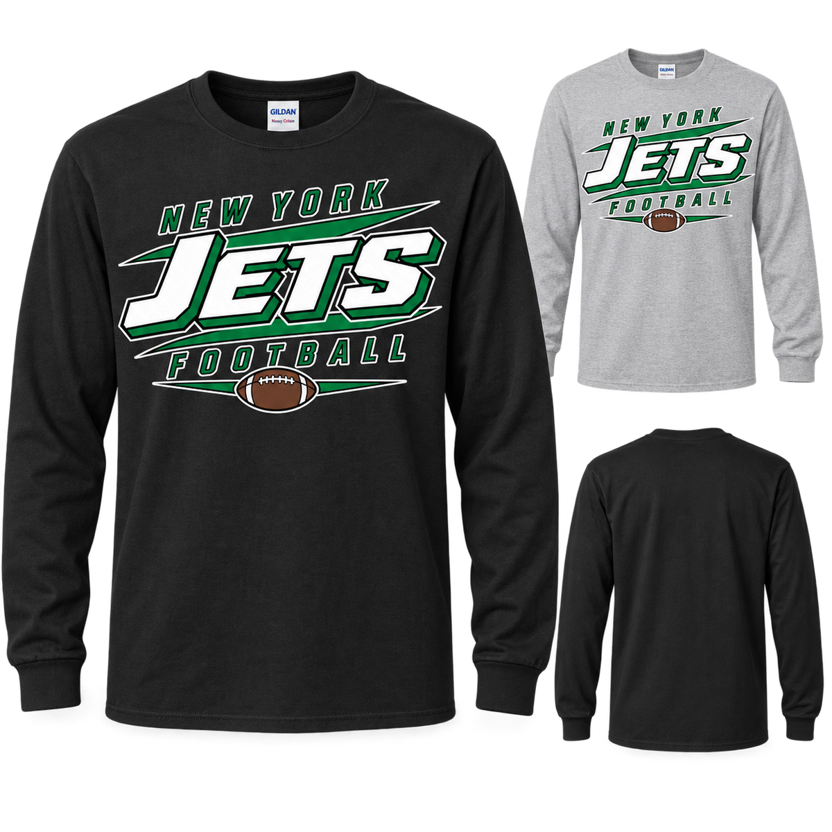 New York Jets 90s Stadium Long Sleeve T-Shirt in Black and Sport Grey, plain back view