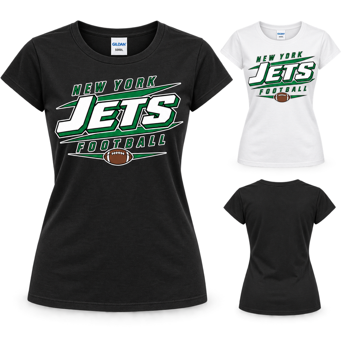 New York Jets 90s Stadium Women's T-Shirt in Black and White, plain back view