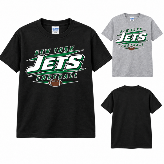 New York Jets 90s Stadium Youth T-Shirt in Black and Sport Grey, plain back view