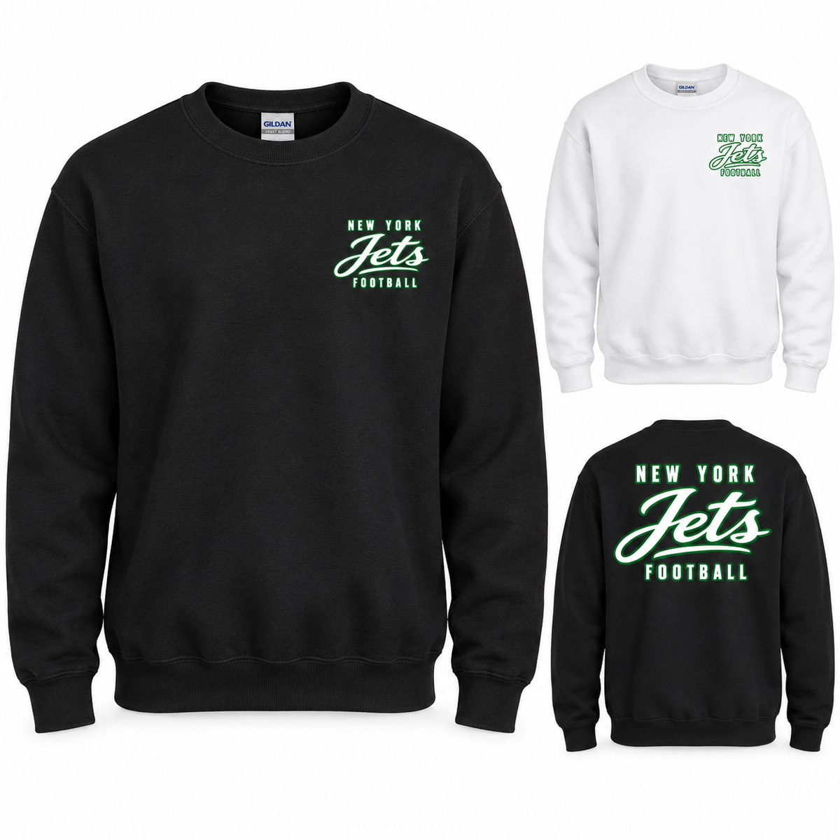 New York Jets Modern Script Crewneck Sweatshirt in Black and White. Small left-chest print and large back graphic.