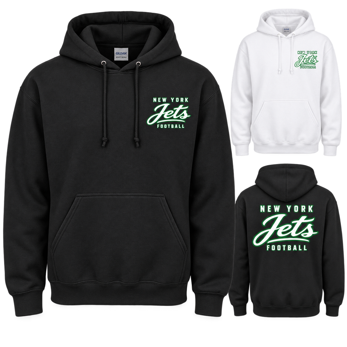 New York Jets Modern Script Pullover Hoodie in Black and White. Small left-chest print and large back graphic.