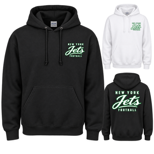 New York Jets Modern Script Pullover Hoodie in Black and White. Small left-chest print and large back graphic.