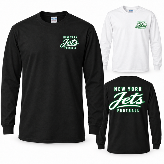 New York Jets Modern Script Long Sleeve T-Shirt in Black and White; small left-chest print and large back graphic.