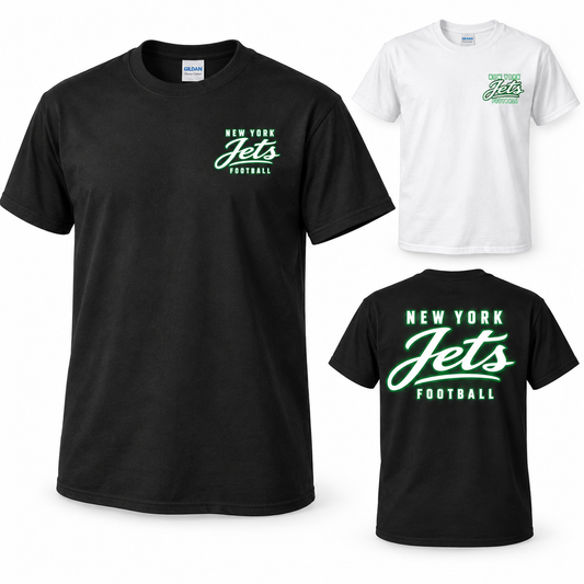 New York Jets Modern Script T-Shirt in Black and White. Small left-chest print and large back graphic.