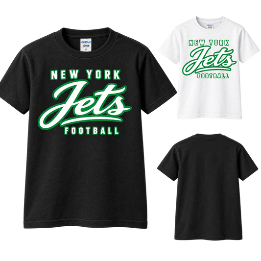 New York Jets Modern Script Youth T-Shirt in Black and White. Centered front graphic; plain back.