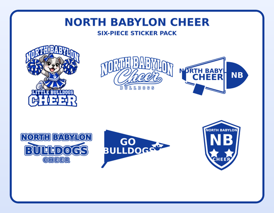 North Babylon Bulldogs Cheer six-piece sticker pack showing all six original designs