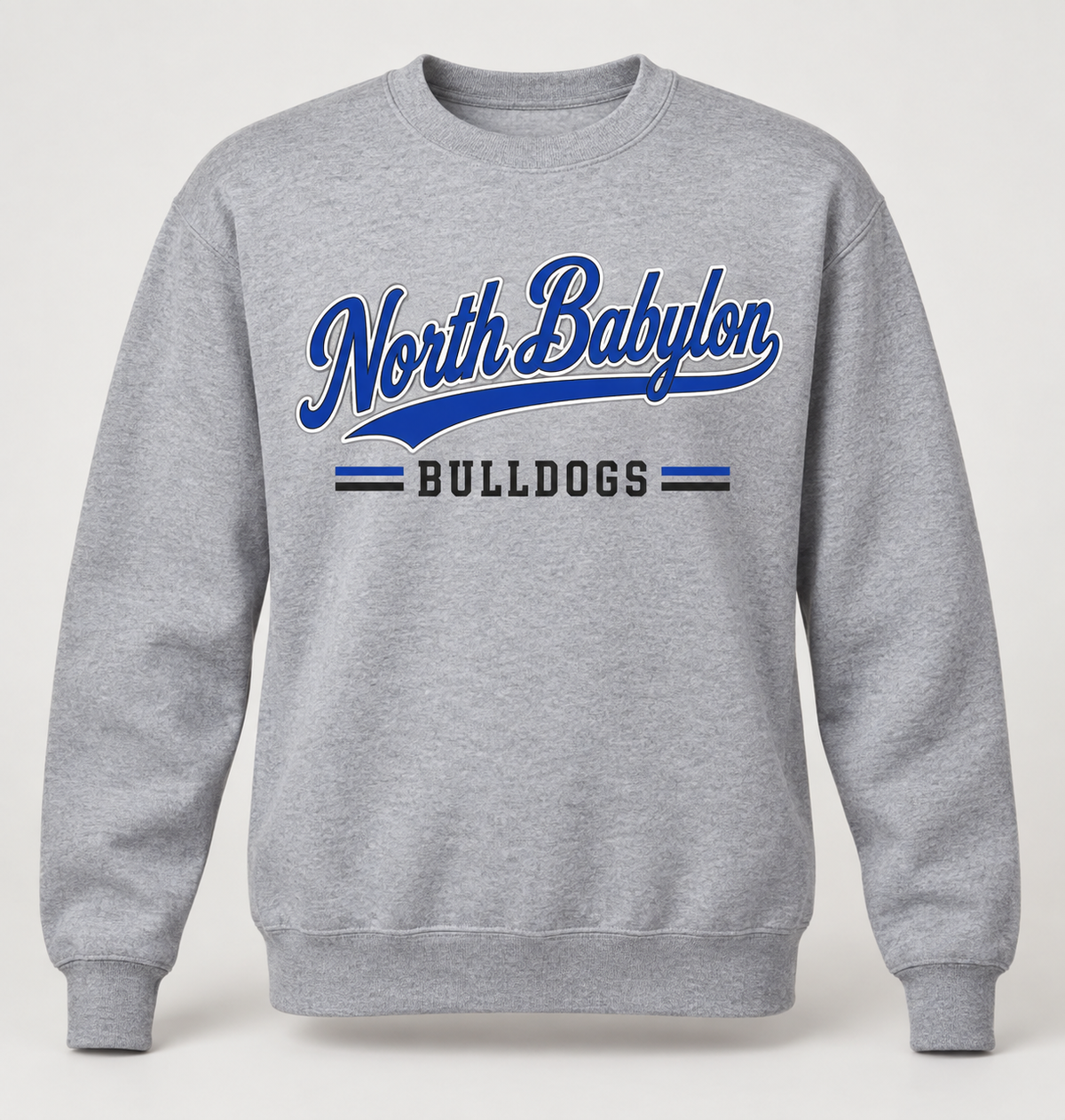 North Babylon Bulldogs Heritage Script Crewneck Sweatshirt in Heather Gray — front view